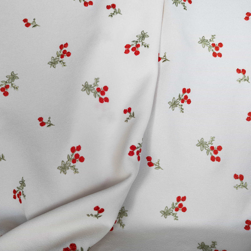Ivory Crepe Embroidered Delicate Red-Orange Flowers