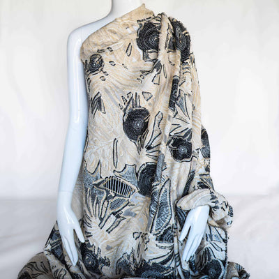 Oatmeal and Black Jacquard Abstract Floral Organza Burnout