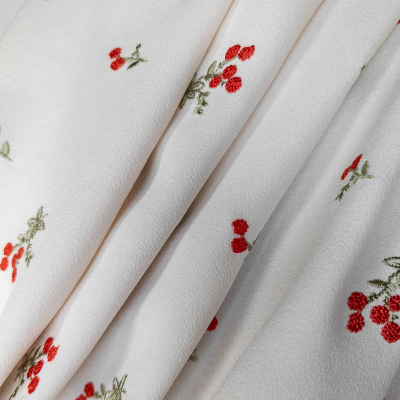 Ivory Crepe Embroidered Delicate Red-Orange Flowers