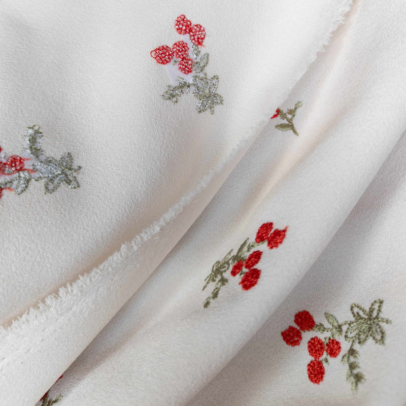 Ivory Crepe Embroidered Delicate Red-Orange Flowers