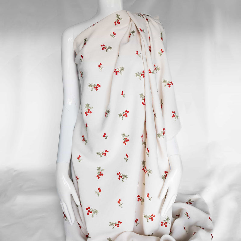 Ivory Crepe Embroidered Delicate Red-Orange Flowers